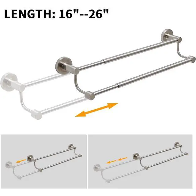 Alt view image 11 of 12 - Double Towel Bar Towel Rack for Bathroom Wall Mounted Brushed Nickel | Adjustable 16-26 In,Wall Mounted Towel Holder, Stainless Steel, Rustproof, Towel Bar Rod Hanger Hardware Accessories Hotel