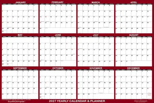 Alt view image 8 of 12 - 24" x 36" SwiftGlimpse 2027 Wall Calendar Erasable Large Wet & Dry Erase Laminated 12 Month Annual Yearly Wall Planner, Reversible, Horizontal/Vertical, Maroon (3-PACK)
