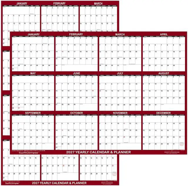 Alt view image 7 of 12 - 24" x 36" SwiftGlimpse 2027 Wall Calendar Erasable Large Wet & Dry Erase Laminated 12 Month Annual Yearly Wall Planner, Reversible, Horizontal/Vertical, Maroon (3-PACK)
