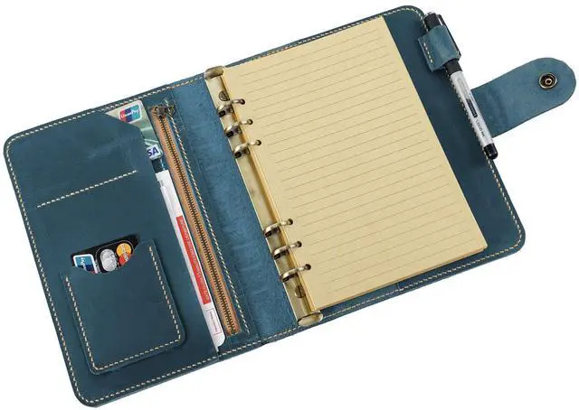 Alt view image 5 of 8 - Leather A5 binder planner, Refillable leather journal, Leather notebook, A5 ring binder, Custom gift for him, Leadership Gifts, Corporate Gifts for Clients (Blue)