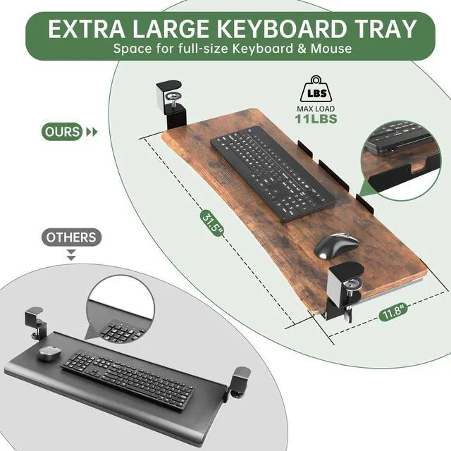 Alt view image 10 of 14 - Extra Large Keyboard Tray Under Desk - Slide Out with Sturdy C-Clip Mount System, Extra Wide 31.5" (35.8" Including Clamps) x 11.8" Pull-Out Keyboard Computer Drawer, Rustic Vintage Brown