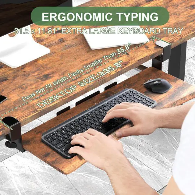 Alt view image 9 of 14 - Extra Large Keyboard Tray Under Desk - Slide Out with Sturdy C-Clip Mount System, Extra Wide 31.5" (35.8" Including Clamps) x 11.8" Pull-Out Keyboard Computer Drawer, Rustic Vintage Brown