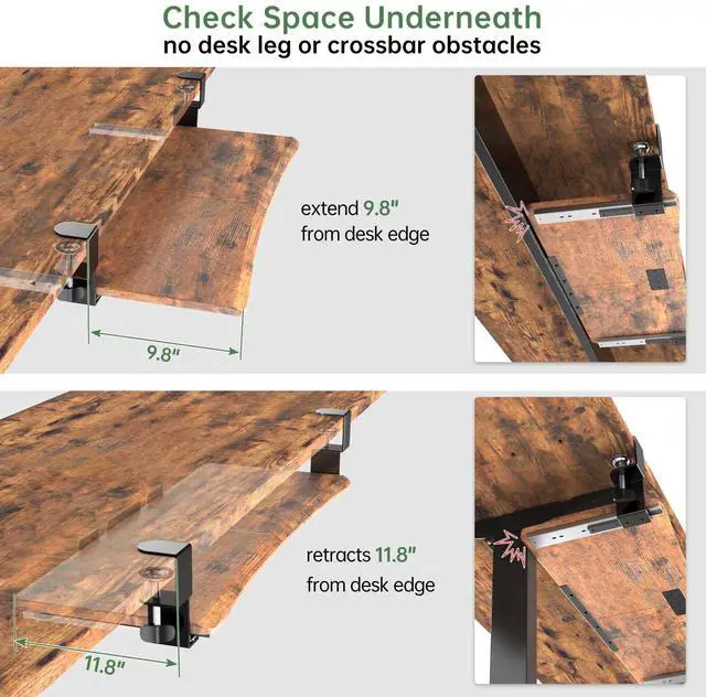 Alt view image 13 of 14 - Extra Large Keyboard Tray Under Desk - Slide Out with Sturdy C-Clip Mount System, Extra Wide 31.5" (35.8" Including Clamps) x 11.8" Pull-Out Keyboard Computer Drawer, Rustic Vintage Brown