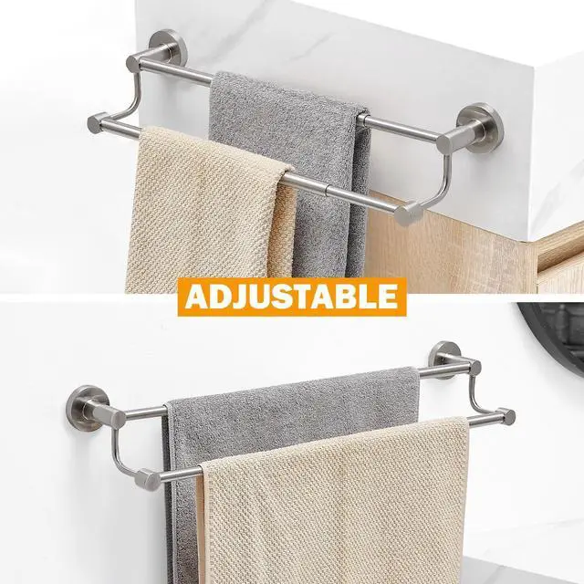 Alt view image 8 of 12 - Double Towel Bar Towel Rack for Bathroom Wall Mounted Brushed Nickel | Adjustable 16-26 In,Wall Mounted Towel Holder, Stainless Steel, Rustproof, Towel Bar Rod Hanger Hardware Accessories Hotel