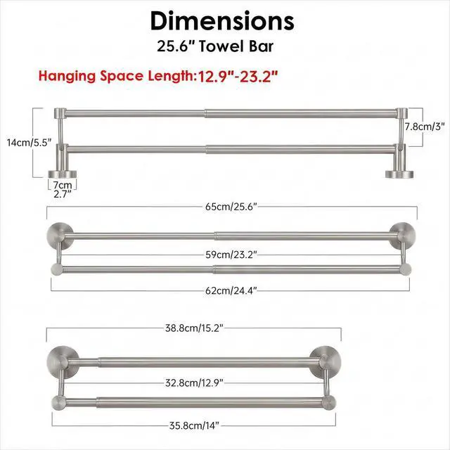Alt view image 12 of 12 - Double Towel Bar Towel Rack for Bathroom Wall Mounted Brushed Nickel | Adjustable 16-26 In,Wall Mounted Towel Holder, Stainless Steel, Rustproof, Towel Bar Rod Hanger Hardware Accessories Hotel