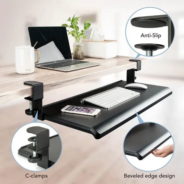 Alt view image 10 of 14 - Under Desk Keyboard Tray, Large 27.5" x 12.2" Slide-Out Clamp-On Drawer with Steel C-Clamps, Ergonomic Platform Fits Full-Size Keyboard and Mouse, Tool-Free Installation, TAA-Compliant