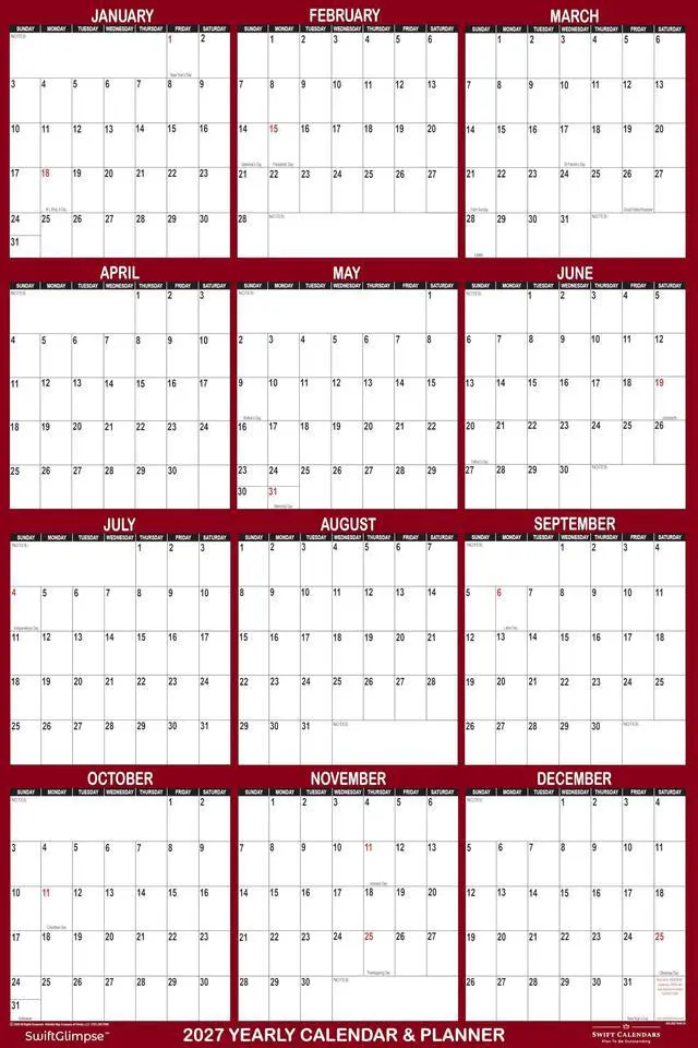 Alt view image 9 of 12 - 24" x 36" SwiftGlimpse 2027 Wall Calendar Erasable Large Wet & Dry Erase Laminated 12 Month Annual Yearly Wall Planner, Reversible, Horizontal/Vertical, Maroon (3-PACK)