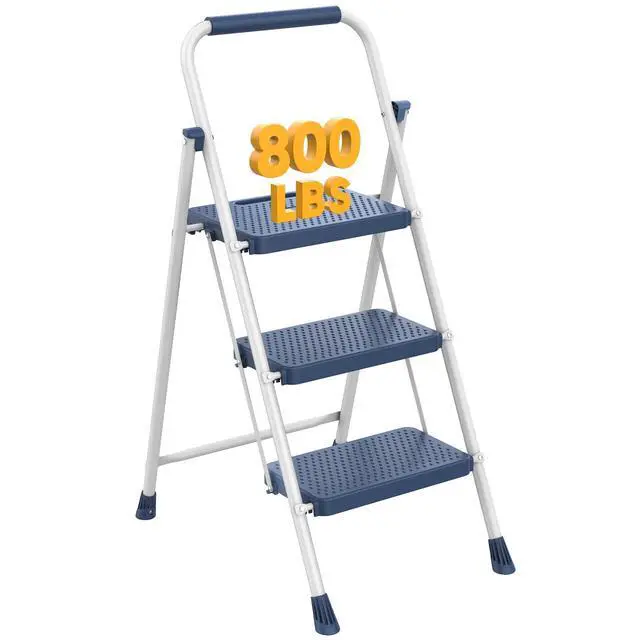 Alt view image 8 of 14 - 3 Step Ladder, Folding Step Stool for Adults with Safety Lock, Anti-Slip Design, Portable Foldable Ladder for Home Kitchen, Garage & Outdoor Use, Blue