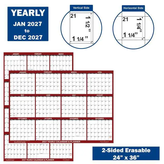 Alt view image 10 of 12 - 24" x 36" SwiftGlimpse 2027 Wall Calendar Erasable Large Wet & Dry Erase Laminated 12 Month Annual Yearly Wall Planner, Reversible, Horizontal/Vertical, Maroon (3-PACK)