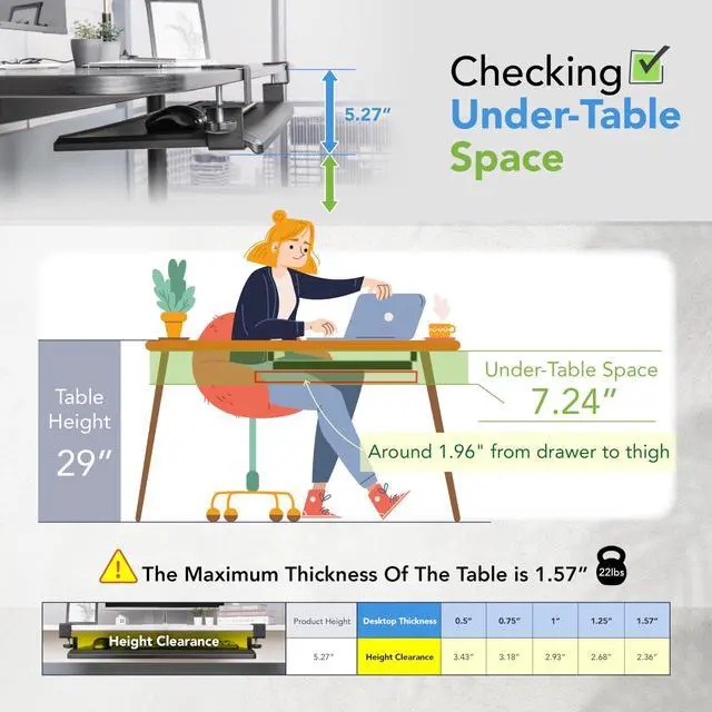 Alt view image 13 of 14 - Under Desk Keyboard Tray, Large 27.5" x 12.2" Slide-Out Clamp-On Drawer with Steel C-Clamps, Ergonomic Platform Fits Full-Size Keyboard and Mouse, Tool-Free Installation, TAA-Compliant