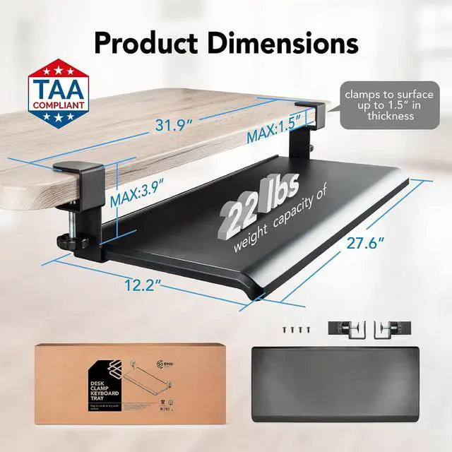 Alt view image 11 of 14 - Under Desk Keyboard Tray, Large 27.5" x 12.2" Slide-Out Clamp-On Drawer with Steel C-Clamps, Ergonomic Platform Fits Full-Size Keyboard and Mouse, Tool-Free Installation, TAA-Compliant