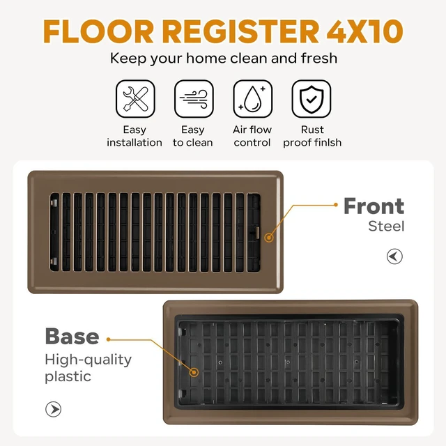 Alt view image 10 of 14 - Floor Register 4x10, Floor Vent Covers, Heavy Duty Steel Walkable Floor Vents, for Sidewall and Floor, Brown 10 Pack