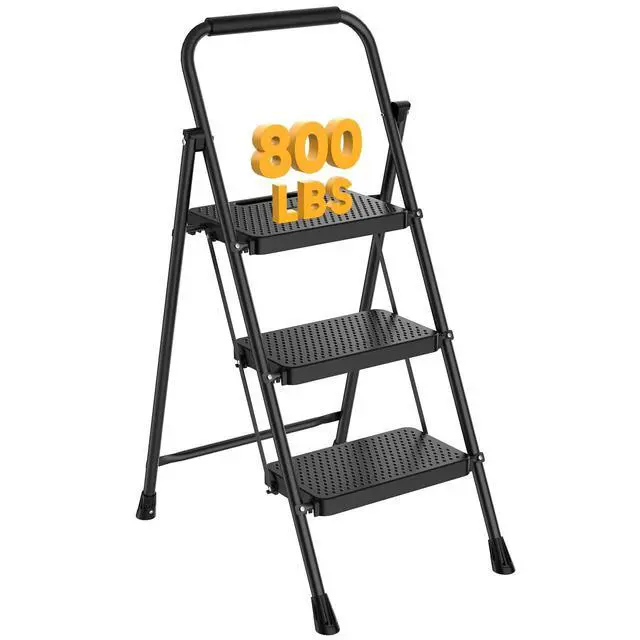 Alt view image 8 of 14 - Foldable 3 Step Stool Ladder, Collapsible Step Stool for Adults, Safety Lock & Anti-Slip Design, Portable Ladder for Household Kitchen Use, Black
