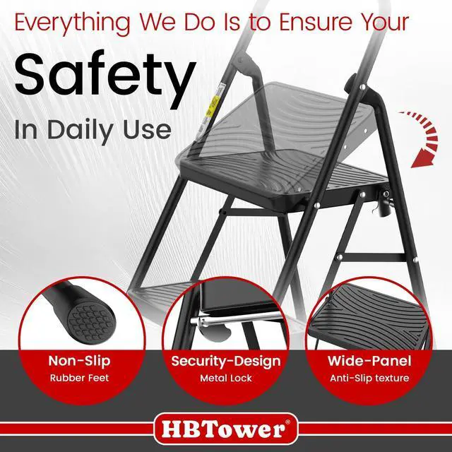 Alt view image 12 of 14 - 2 Step Ladder, Step Stool with Wide Anti-Slip Pedal | Folding Step Stool with Convenient Handle for Home and Kitchen, Black