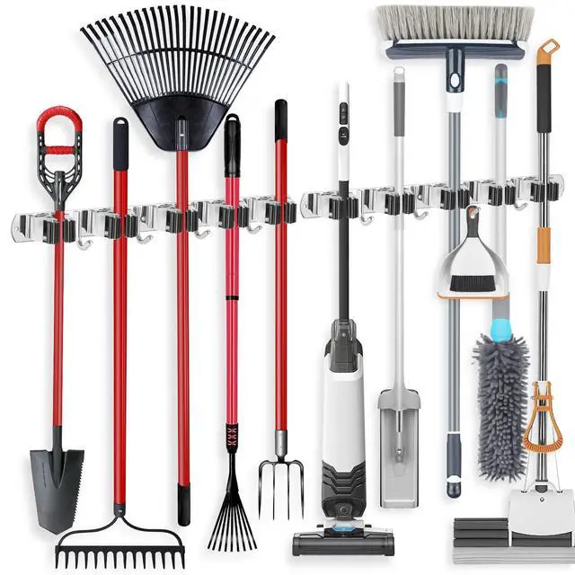 Alt view image 8 of 14 - 2 Pack Broom Holder Wall Mount Stainless Steel Mop Organizer | 5 Racks 4 Hooks Heavy Duty Garage Organization Storage,Broom and Mop Organizer Wall Hanging Self Adhesive for Laundry Room