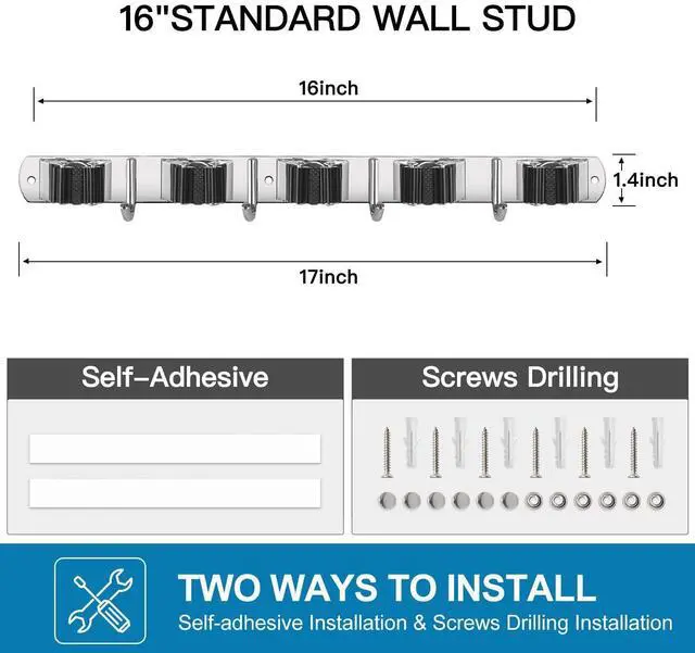Alt view image 13 of 14 - 2 Pack Broom Holder Wall Mount Stainless Steel Mop Organizer | 5 Racks 4 Hooks Heavy Duty Garage Organization Storage,Broom and Mop Organizer Wall Hanging Self Adhesive for Laundry Room