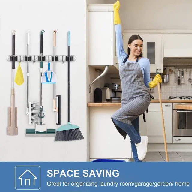 Alt view image 14 of 14 - 2 Pack Broom Holder Wall Mount Stainless Steel Mop Organizer | 5 Racks 4 Hooks Heavy Duty Garage Organization Storage,Broom and Mop Organizer Wall Hanging Self Adhesive for Laundry Room