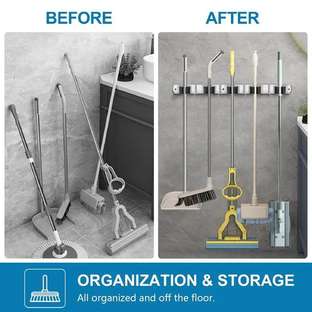 Alt view image 12 of 14 - 2 Pack Broom Holder Wall Mount Stainless Steel Mop Organizer | 5 Racks 4 Hooks Heavy Duty Garage Organization Storage,Broom and Mop Organizer Wall Hanging Self Adhesive for Laundry Room