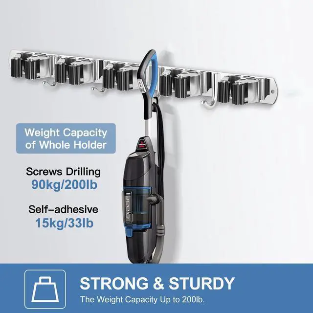Alt view image 11 of 14 - 2 Pack Broom Holder Wall Mount Stainless Steel Mop Organizer | 5 Racks 4 Hooks Heavy Duty Garage Organization Storage,Broom and Mop Organizer Wall Hanging Self Adhesive for Laundry Room
