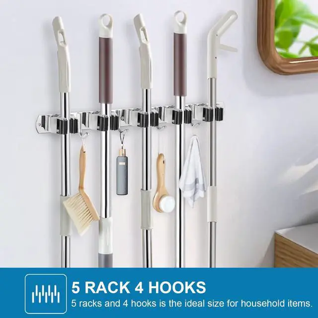 Alt view image 9 of 14 - 2 Pack Broom Holder Wall Mount Stainless Steel Mop Organizer | 5 Racks 4 Hooks Heavy Duty Garage Organization Storage,Broom and Mop Organizer Wall Hanging Self Adhesive for Laundry Room