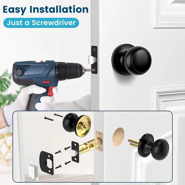Alt view image 11 of 14 - Passage Door Knobs, 10 Pack Matte Black Door Knobs, Hallway Closet Non-Locking Interior Doorknobs, Round Door Handles Keyless Reversible for Left/Right Handed Doors