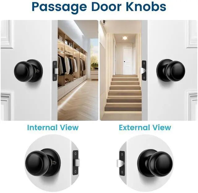 Alt view image 9 of 14 - Passage Door Knobs, 10 Pack Matte Black Door Knobs, Hallway Closet Non-Locking Interior Doorknobs, Round Door Handles Keyless Reversible for Left/Right Handed Doors