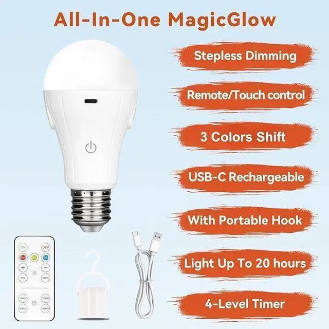 Alt view image 9 of 14 - MagicGlow Rechargeable Light Bulbs with Remote, 3 Colors Shift + Dimmable Battery Powered Light Bulbs, USB Rechargeable, A19 Standard Emergency LED Light Bulbs, 15W, Up to 24 Hours, 2 Pack