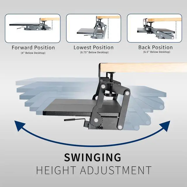 Alt view image 11 of 14 - Large Clamp-on 27 (33 Including Clamps) x 11 inch Computer Keyboard and Mouse Tray with 12 Setting Swinging Height Adjustment, Platform Drawer for Typing, Black, MOUNT-KB08V
