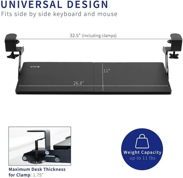 Alt view image 13 of 14 - Large Clamp-on 27 (33 Including Clamps) x 11 inch Computer Keyboard and Mouse Tray with 12 Setting Swinging Height Adjustment, Platform Drawer for Typing, Black, MOUNT-KB08V
