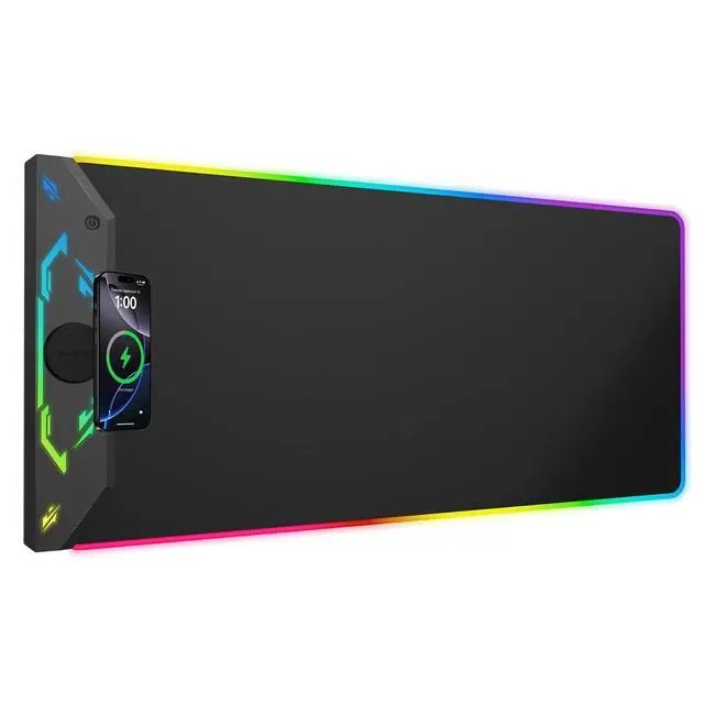 Alt view image 8 of 14 - Gaming Mouse Pad RGB, 35"x15.8" Large Keyboard Desk Mat with Magnetic Wireless Charging for iPhone, 24 Light Effects, Non-Slip Base, Waterproof Ultra-Smooth Surface, with Adapter, Black