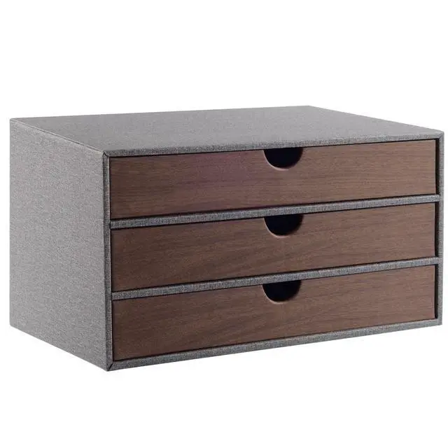Alt view image 2 of 2 - Cloth-effect Faux Leather Desk Organizer File Cabinet Executive Office Supplies Desktop Filing A4 Contract Document Stackable Storage Box with 3 Drawers (Grey)