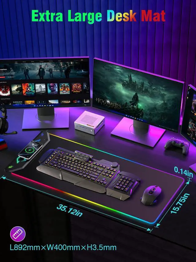 Alt view image 9 of 14 - Gaming Mouse Pad RGB, 35"x15.8" Large Keyboard Desk Mat with Magnetic Wireless Charging for iPhone, 24 Light Effects, Non-Slip Base, Waterproof Ultra-Smooth Surface, with Adapter, Black