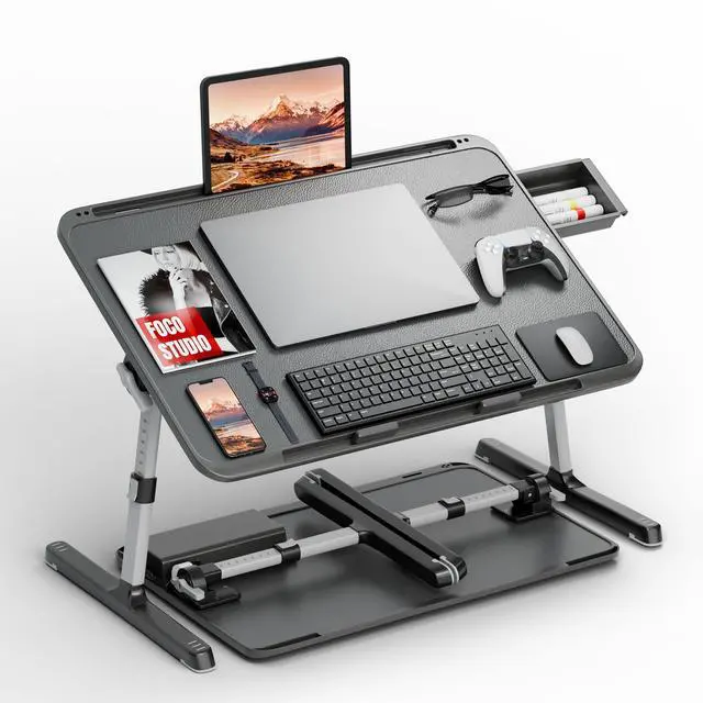 Alt view image 8 of 14 - Adjustable Lap Desk, Large Smooth Easy-Clean Wood Grain Desktop, Foldable Laptop Bed Tray Table with Storage Drawer, Portable Laptop Stand Fits 17" Laptop Desk for Bed Couch Floor (Black)