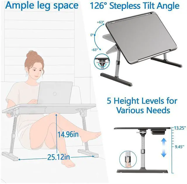 Alt view image 10 of 14 - Adjustable Lap Desk, Large Smooth Easy-Clean Wood Grain Desktop, Foldable Laptop Bed Tray Table with Storage Drawer, Portable Laptop Stand Fits 17" Laptop Desk for Bed Couch Floor (Black)