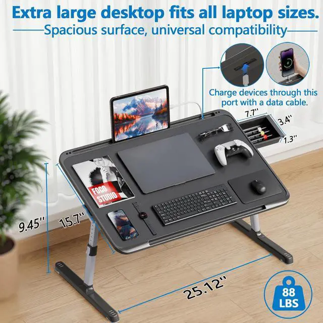 Alt view image 9 of 14 - Adjustable Lap Desk, Large Smooth Easy-Clean Wood Grain Desktop, Foldable Laptop Bed Tray Table with Storage Drawer, Portable Laptop Stand Fits 17" Laptop Desk for Bed Couch Floor (Black)