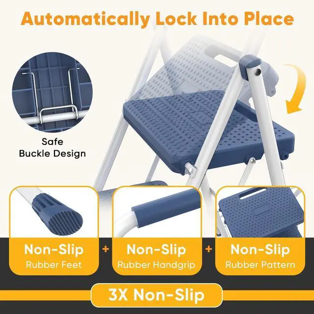 Alt view image 9 of 14 - 3 Step Ladder, Folding Step Stool for Adults with Safety Lock, Anti-Slip Design, Portable Foldable Ladder for Home Kitchen, Garage & Outdoor Use, Blue