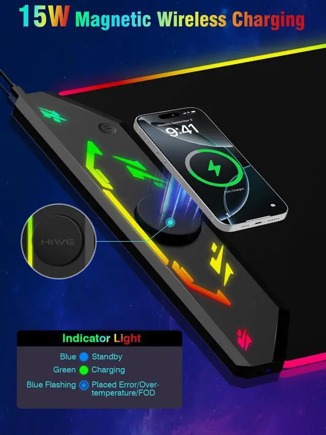 Alt view image 12 of 14 - Gaming Mouse Pad RGB, 35"x15.8" Large Keyboard Desk Mat with Magnetic Wireless Charging for iPhone, 24 Light Effects, Non-Slip Base, Waterproof Ultra-Smooth Surface, with Adapter, Black
