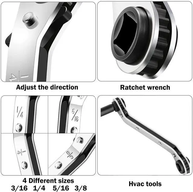 Alt view image 9 of 14 - HVAC Service Wrench,3/16"-3/8" 5/16" x 1/4"Valve Wrench with Hex Adapter | HVAC Tools, Dual Head Ratchet Design, 4 Size Valve Wrench, Hex Bit Adapter Kit, AC Refrigeration Repair