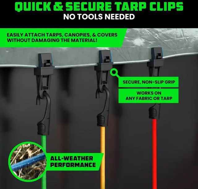 Alt view image 12 of 14 - Bungee Cords with Hooks (28-Piece) - Heavy Duty Outdoor Assorted | Assorted Sizes Short to Long. Color Coded. 4 Tarp Clips, Ball Bungees & Drawstring Bag. UV & Weather Resistant