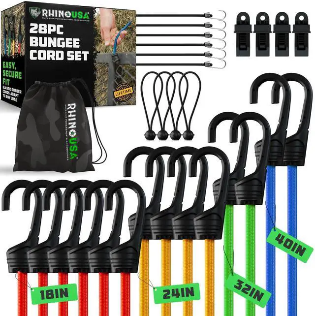 Alt view image 8 of 14 - Bungee Cords with Hooks (28-Piece) - Heavy Duty Outdoor Assorted | Assorted Sizes Short to Long. Color Coded. 4 Tarp Clips, Ball Bungees & Drawstring Bag. UV & Weather Resistant