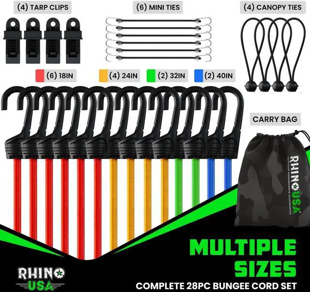 Alt view image 9 of 14 - Bungee Cords with Hooks (28-Piece) - Heavy Duty Outdoor Assorted | Assorted Sizes Short to Long. Color Coded. 4 Tarp Clips, Ball Bungees & Drawstring Bag. UV & Weather Resistant