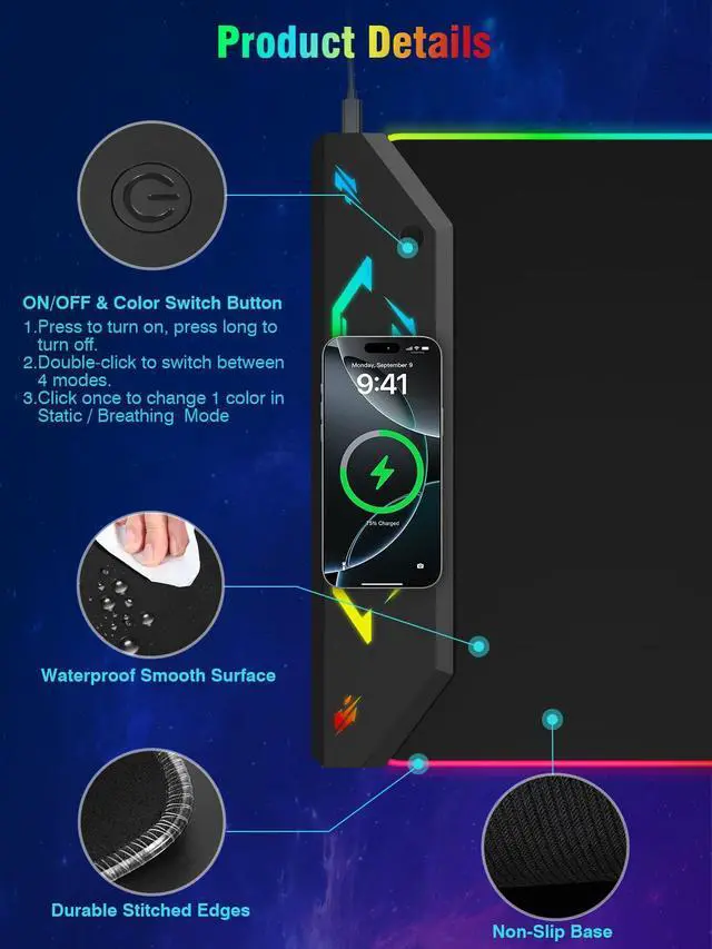 Alt view image 11 of 14 - Gaming Mouse Pad RGB, 35"x15.8" Large Keyboard Desk Mat with Magnetic Wireless Charging for iPhone, 24 Light Effects, Non-Slip Base, Waterproof Ultra-Smooth Surface, with Adapter, Black
