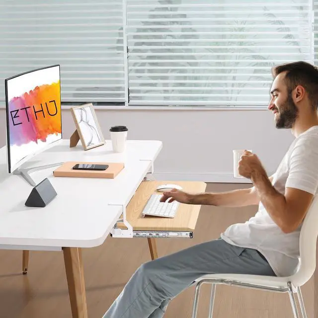 Alt view image 9 of 14 - Keyboard Tray Under Desk, Pull Out Keyboard & Mouse Tray with C-clamp, Ergonomic Desk Keyboard Tray Slide Out, Pull Out Platform Drawer for Home and OfficeOak