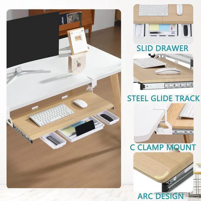 Alt view image 11 of 14 - Keyboard Tray Under Desk, Pull Out Keyboard & Mouse Tray with C-clamp, Ergonomic Desk Keyboard Tray Slide Out, Pull Out Platform Drawer for Home and OfficeOak
