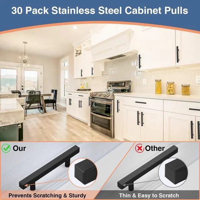 Alt view image 10 of 12 - 30 Pack Matte Black Kitchen Cabinet Handles, 5" Length Drawer Pulls | Stainless Steel Black Cabinet Pulls 5" Length, 3" Hole Center Drawer Handles for Cabinets and Drawers, Cabinet Hardware Pulls