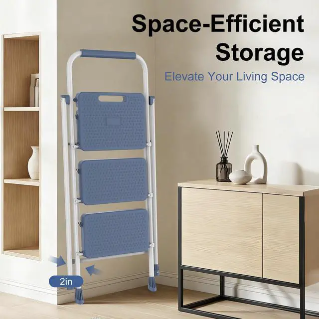 Alt view image 12 of 12 - 3 Step Ladder, Foldable Step Stool with Safety Lock | Lightweight Portable Steel Stool with Anti-Slip Rubber Feet,for Home Office Garage, Blue
