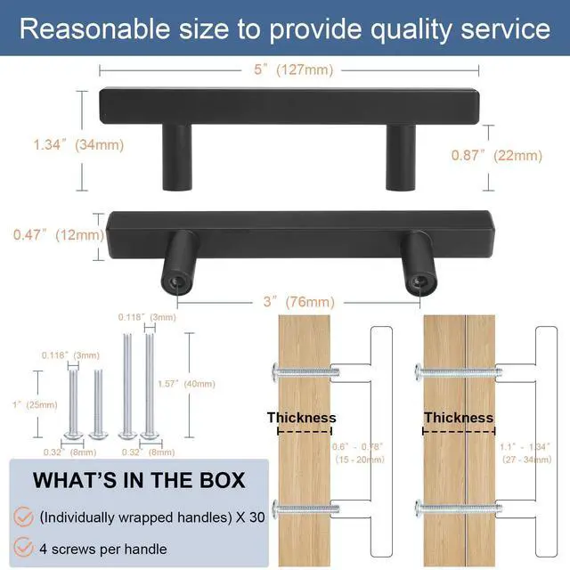 Alt view image 12 of 12 - 30 Pack Matte Black Kitchen Cabinet Handles, 5" Length Drawer Pulls | Stainless Steel Black Cabinet Pulls 5" Length, 3" Hole Center Drawer Handles for Cabinets and Drawers, Cabinet Hardware Pulls