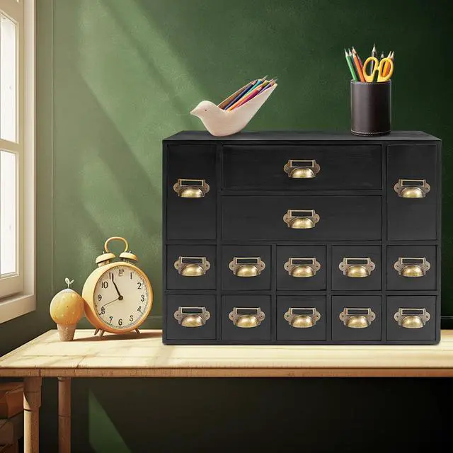 Alt view image 8 of 14 - Wooden Desk Drawer Organizer, 3 Sizes Vintage Apothecary Drawers Cabinet with 14 Drawers Label Frame Practical Card Catalog Cabinets for Household Office Medicine Tea Bags (Black)
