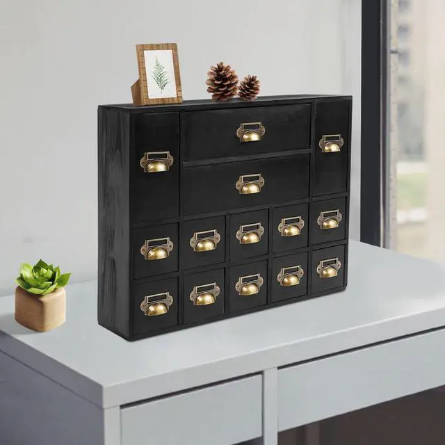 Alt view image 11 of 14 - Wooden Desk Drawer Organizer, 3 Sizes Vintage Apothecary Drawers Cabinet with 14 Drawers Label Frame Practical Card Catalog Cabinets for Household Office Medicine Tea Bags (Black)
