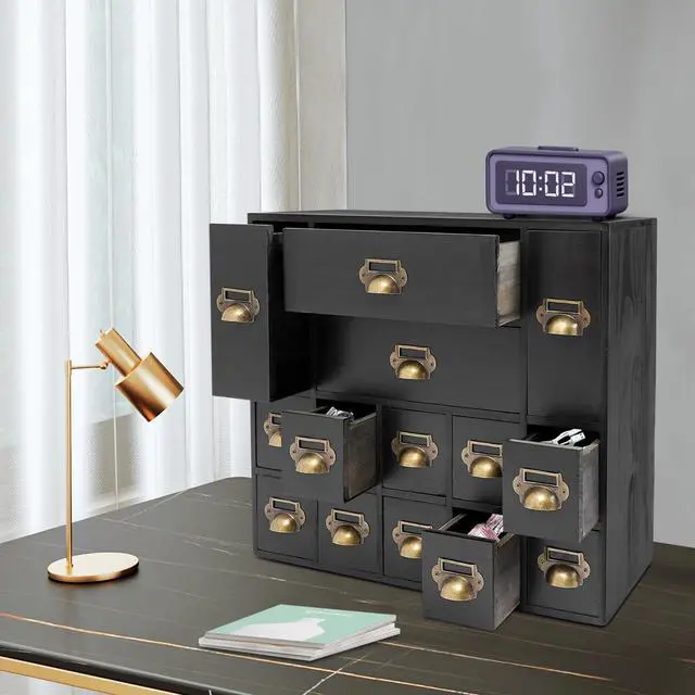 Alt view image 12 of 14 - Wooden Desk Drawer Organizer, 3 Sizes Vintage Apothecary Drawers Cabinet with 14 Drawers Label Frame Practical Card Catalog Cabinets for Household Office Medicine Tea Bags (Black)